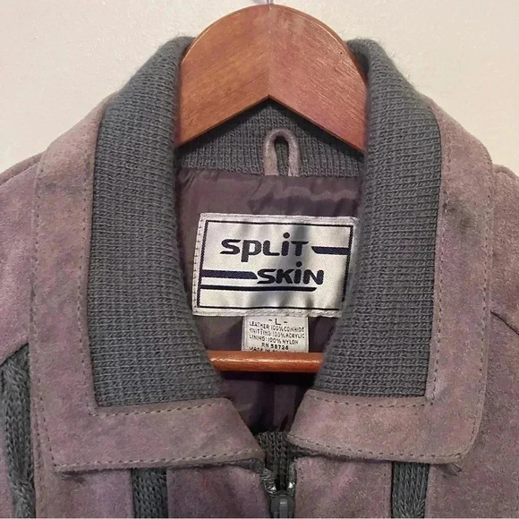 VTG Tan Suede Leather and Knit Gray Jacket Large 70s Bomber Split Skin-READ - Picture 2 of 9